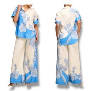 Luxxel Floral Blue and Cream Wide-Leg Shirt and Pant Set. Size M